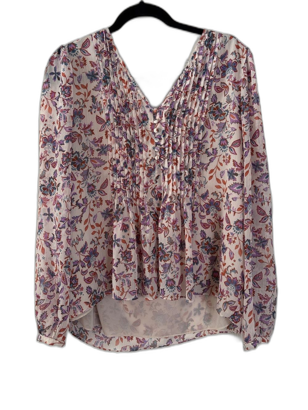 1.STATE Floral Long Sleeve V-Neck Pleated Button Front Blouse Top Multicolor XL